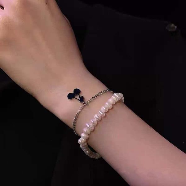 

link, chain kpop trend vintage pearl cherry pendant double layer bracelet for women girls fashion aesthetic jewelry y2k 90s gifts, Black