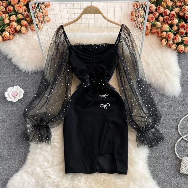 

casual dresses 2021 autumn korean shiny black mesh stitch dress girl square neck split hip wrap mini short, Black;gray