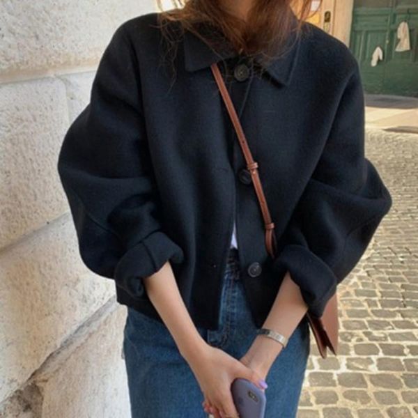 

women's wool & blends 2021 autumn winter women elegant solid color coats chic turn down collar long sleeve coat female outerwear, Black
