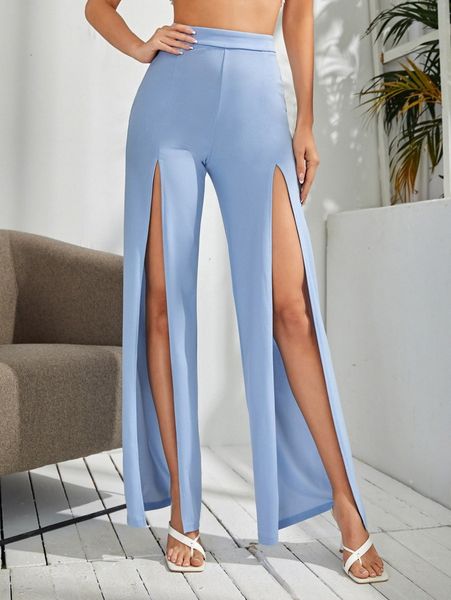 

zipper side split thigh palazzo pants t58p#, Black;white