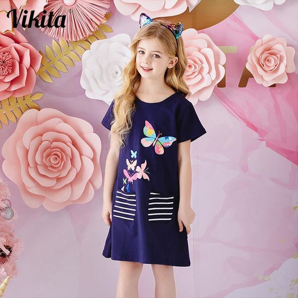 

girls butterfly kids short sleeve girl dresses with pockets children summer cotton clothes toddlers casual clothing, Red;yellow