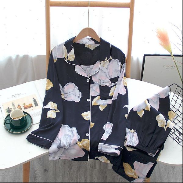 

style spring and autumn women sleepwear pure cotton silk pajamas suit long sleeved floral artificial home service, Black;red