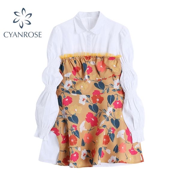 

dress sets women white puff long sleeve shirt and floral print hem cropped skirt ladies outfits mori girl loose 2pcs 210430, Black;gray