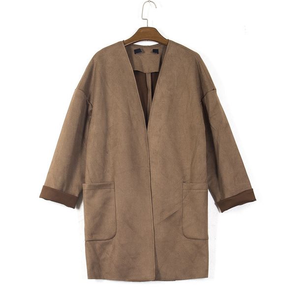 

long fashion trench coat spanish v-neck cardigan button less stretch suede casual sleeve women's long windbreaker, Tan;black