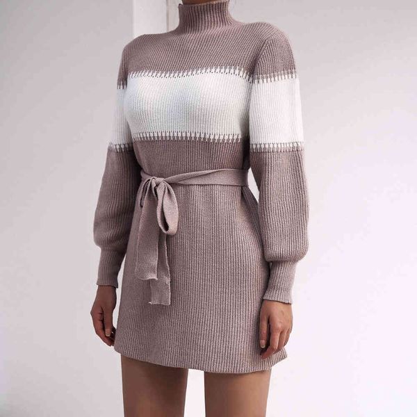 

knitted stripe straight winter sweater dress women lantern sleeve vintage short basic turtleneck dress winter clothes 210415, Black;gray