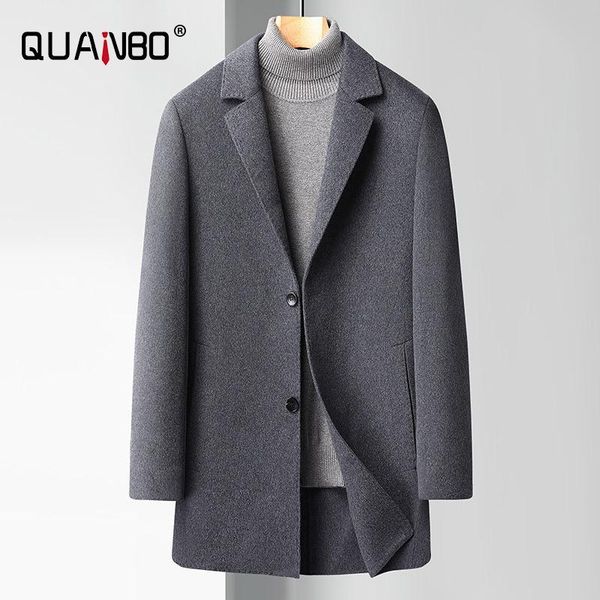 

men's wool & blends quanbo brand autumn winter jacket x-long coat men clothing arrival trench pocket business casual long overcoat, Black