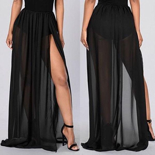 

skirts women high waist empire see through sheer side split skirt black solid transparent chiffon pleated maxi long summer