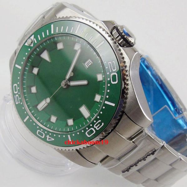 

wristwatches 43mm sterile green dial sapphire glass luxury luminous date ceramic bezel automatic men's watch, Slivery;brown