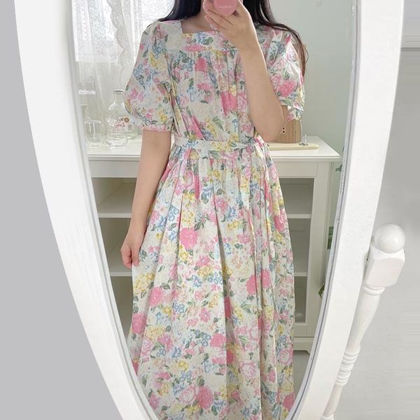 

casual dresses korean style elegant square neck full-screen floral print design lace-up waist puff sleeve dress long skirt 02m4, Black;gray