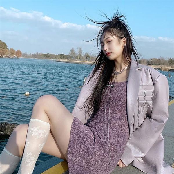 

women's suits & blazers women purple faux leather blazer autumn chain decoration lapel long sleeve casual suit jacket female st, White;black