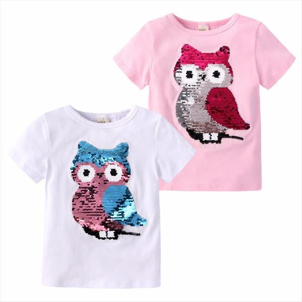 

owl graphic t shirts novelty sequins kids girls shirt cotton short sleeve children girl cartoon childen clothes, Blue