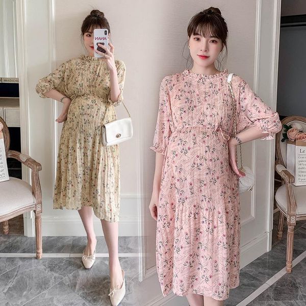 

maternity dresses summer pregnancy clothes round collar half sleeve pregnant women's loose outwear elegant gown, White