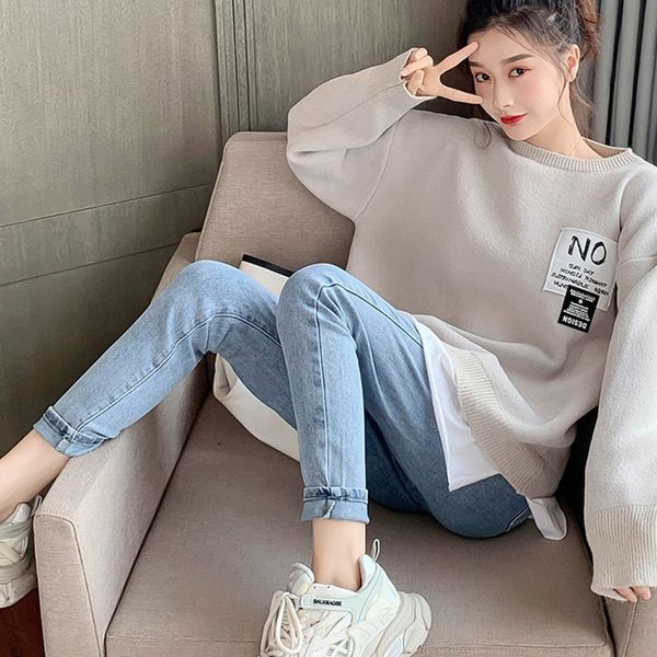 

fashion trend hoodies loose fake two-piece t-shirt with sweater autumn and winter long sleeve warm pullover for women, Black