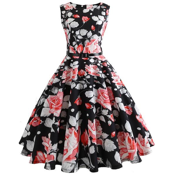 

women summer dress plus size clothing audrey hepburn floral robe retro swing casual 50s vintage rockabilly dresses vestidos, Black;gray