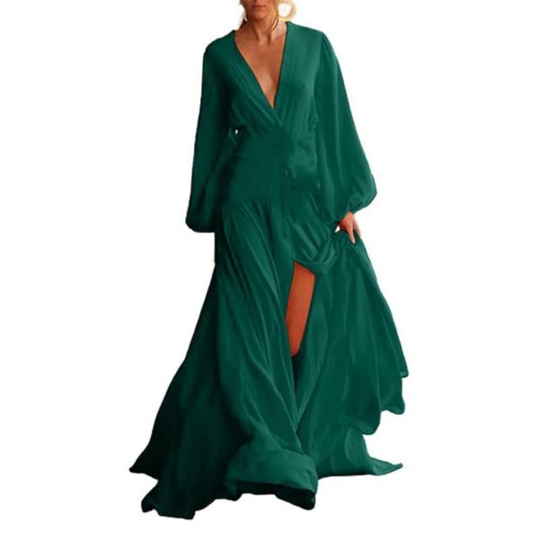 

casual dresses deep v-neck maxi dress long puff sleeve women high split floor-length robe streetwear women's clothing 2021 3xl, Black;gray