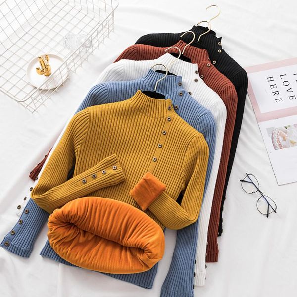 

women's sweaters 2021 fashion knitwear high collar plus velvet sweater female tight-fitting button thick long-sleeved shirt, White;black