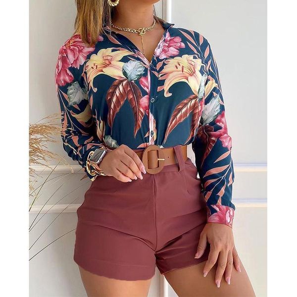 

women's tracksuits 2021 summer ladies casual fashion street slim commuter long sleeve print stand collar shirt two piece set, Gray