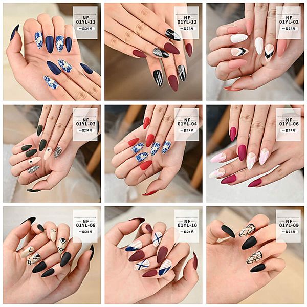 

european and usa fashion false nails patch matt color long fake nail wearable waterproof 24 tips glue version, Red;gold