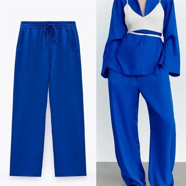 TRAF Za Pantaloni a gamba larga da donna Pantaloni blu a vita alta Stile coreano Baggy Donna Summer Tieed Belt Loose Sets 211115