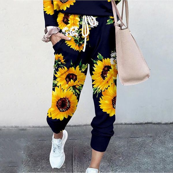

women's pants & capris autumn sunflower print lace belt sweatpants drawstring loose plus size casual sport elastic waist trouser, Black;white