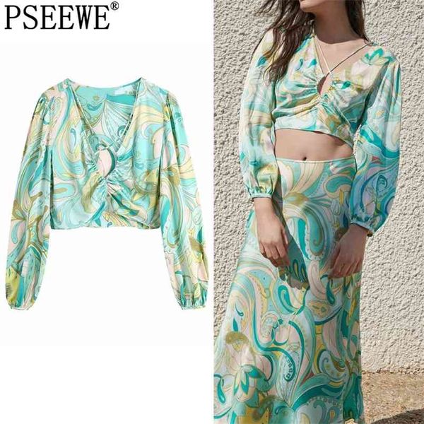 

blouses women green print cut out summer woman ruched strap long puff sleeve crop female vintage blouse 210519, White