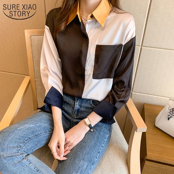 Camisa de cetim primavera de primavera mulheres moda manga longa slim splicing seda e blusa macacão feminino para 13096 210508