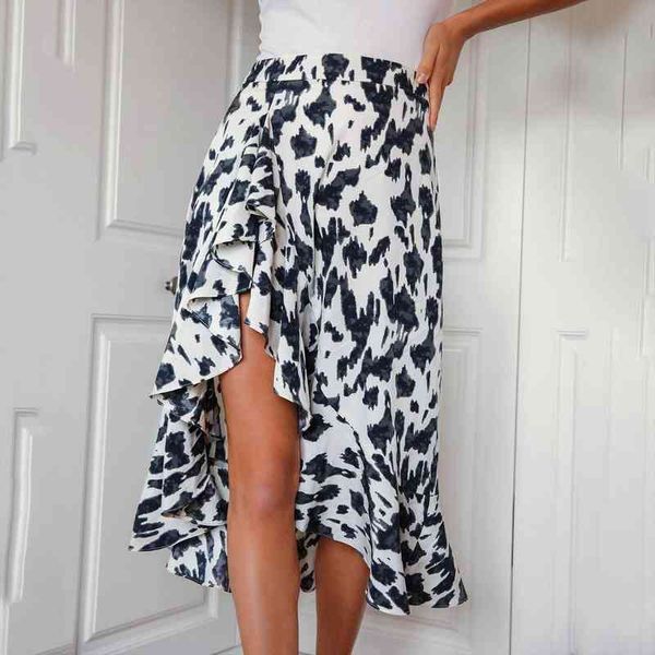 

fashion women summer boho high waist bandage leopard printing wrap chiffon satin bow ruffle female split midi skirts, Black