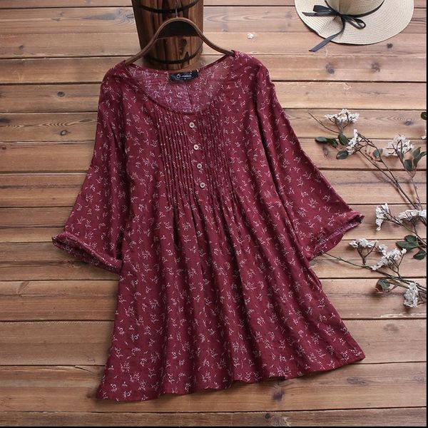 

vintage printed women blouses shirts womens pleated blouse zanzea casual long sleeve tunic female o neck floral blusas plus size, White