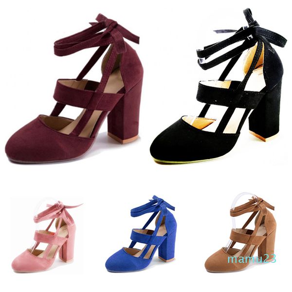 

2020 whole sale women high heel suede ankle strap with thick heels black red brown blue size 35-40