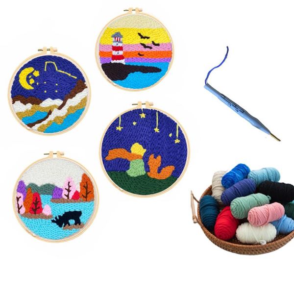 

moon sky diy punch needle embroidery kit with hoop needlework wool cross stitch for beginner sewing art handicraft home decor other arts and