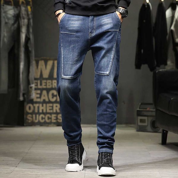 

men's jeans trend baggy men casual patchwork trousers stretch korean style streetwear denim plus size pants yyhn, Blue