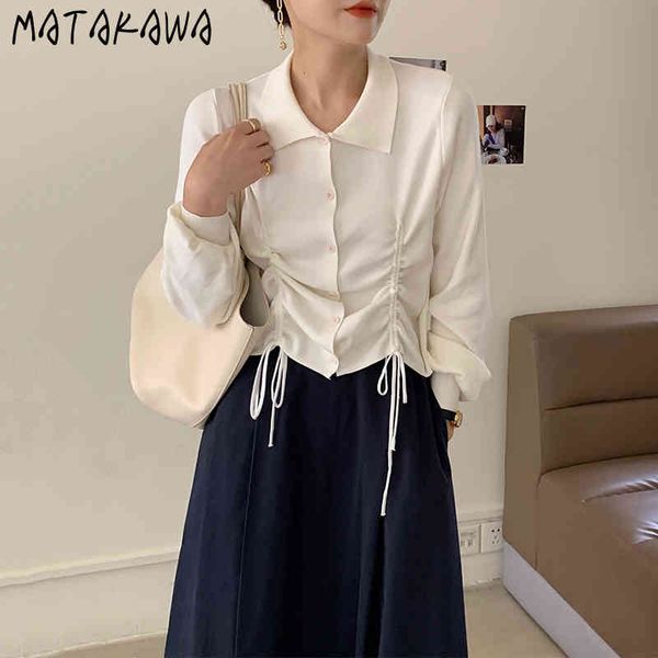 

matakawa fashion sweater lapel single-breasted drawstring knit sweater lantern sleeve pullovers women clothes korean 210513, White;black