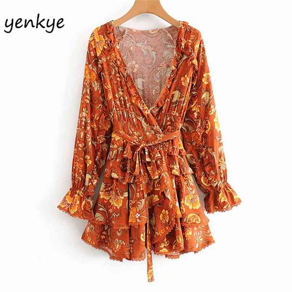 

multicolor floral print layered ruffle dress women long sleeve v neck sashes a-line holiday summer beach dwdd60281 210514, Black;gray