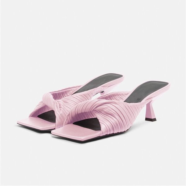 2021 Damen Damen echtes echtes Leder Low Heels Sandalen Peep Toe Sommer Casual Flip-Flops Falten Hochzeitskleid Gladiator sexy Schuhe mehr Farben große Größe 34-44