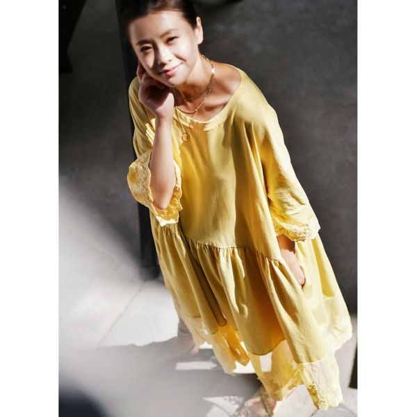 

artistic lace patchwork loose versatile short-sleeved base wear dress women casual dresses, Black;gray