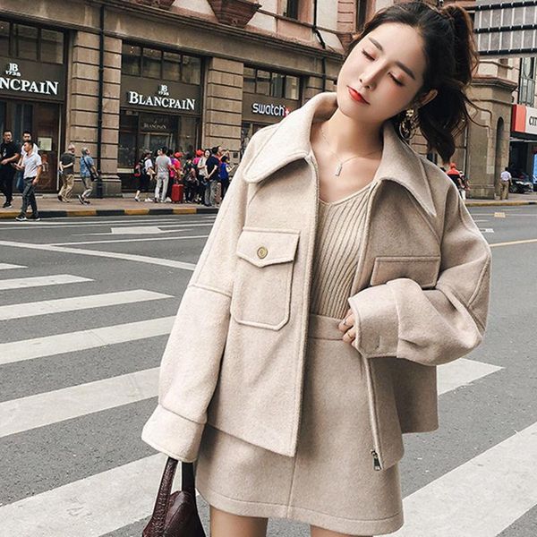 

faux woolen bat sleeve two-piece suits women autumn korean two 2 piece tweed set skirt womens blouses basic jackets women's wool & ble, Black