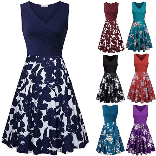 

casual dresses summer women dress plus-size v- neck bohemia flowers printing sleeveless loose mid-length robe swing knee-length, Black;gray