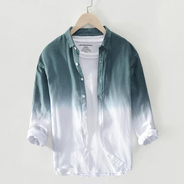 

men's casual shirts 2021 hanging dyed gradient color long linen sleeves shirt, White;black