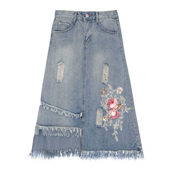 Forse U Blue Denim MIDI Gonna asimmetrica Appliques floreali S0144 210529