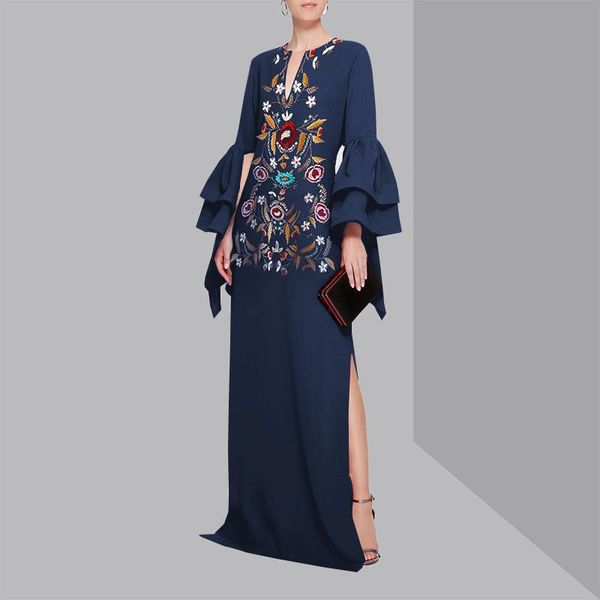 

casual dresses women's sundress vintage long flare sleeve v neck floral printed maxi dress bohemian side split party robe 5xl, Black;gray