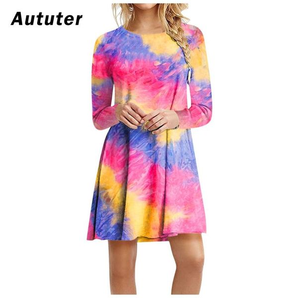 

women dress tie-dye printed autumn casual t shirt dresses long sleeve swing colothes party mini vestidos#a3, Black;gray