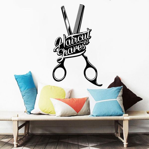 

wall stickers barber shop sign decals poster haircut shaved comb scissors salon art mural window decoration dw10646