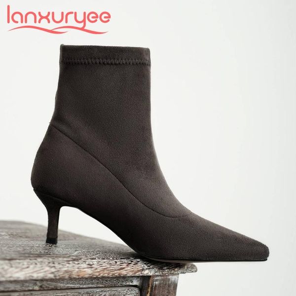 

boots lanxuryee stretch flock streetwear pointed toe thin high heel slip on elegant lady gorgeous dress ankle l36, Black