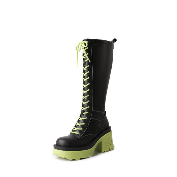 

boots 2021 korean autumn color-blocking outdoor boots, high-tube cross-lacing zippers, daily mid-heel round-toe wedges, Black
