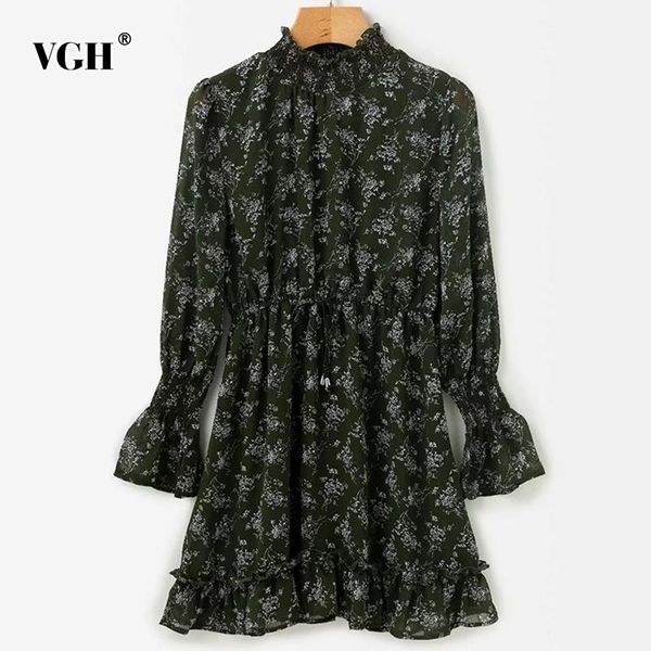 

casual dresses vgh spring print dress for women turtleneck butterfly sleeve patchwork ruffles female 2021 fashion korean clothing, Black;gray