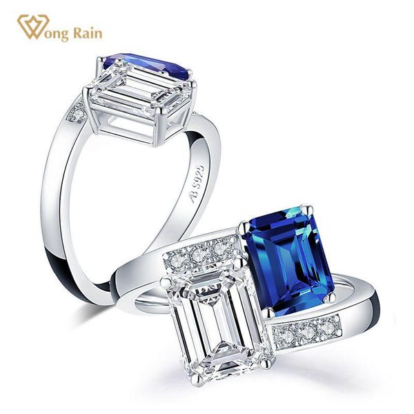 

cluster rings wong rain 925 sterling silver sapphire greated moissanite emerald cut gemstone wedding engagement diamonds fine jewelry, Golden;silver