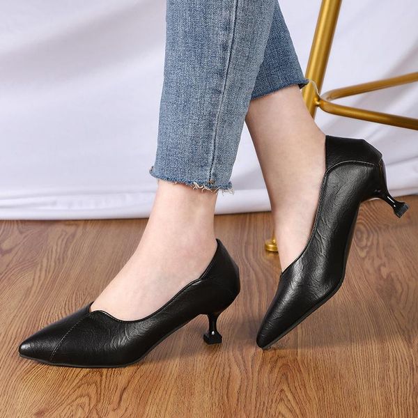

dress shoes women's pumps soft leather fashion female high heel woman pointed toe office ladies comfortable women footwear, Black
