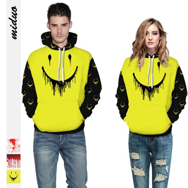 

halloween smiley face digital printing couple's long sleeve hooded sweater casual fashion pullover women, Black