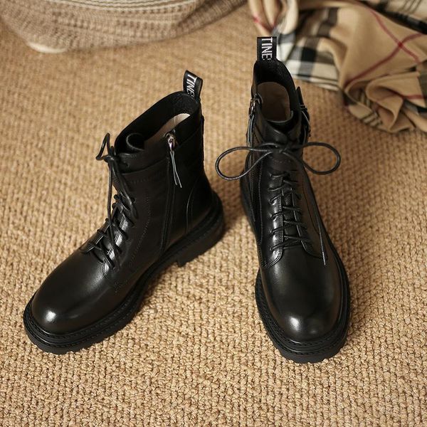 

boots genuine cow leath women's lace-up platform single 2021 autumn british style ankle women, Black