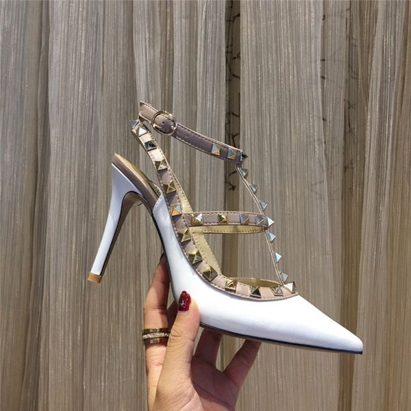 

2021 women high heels black white pink fashion stud sandals rivets girls pointed toe buckle platform pumps party sandal wedding shoes